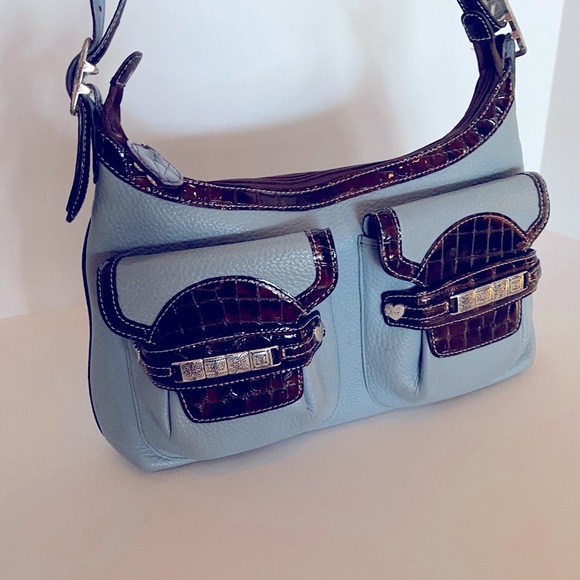 Powder Blue Brighton purse w/brown patent trim. - Picture 1 of 14